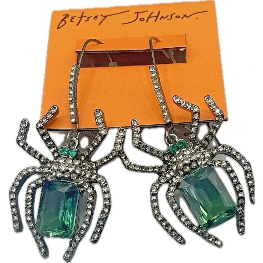 Betsey Johnson Spider Drop Earrings Shepherd Hook Green Crystal Pave Gunmetal